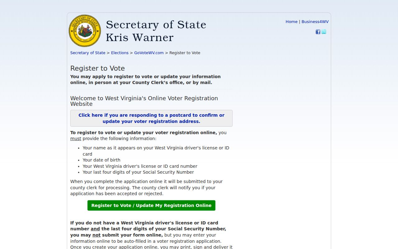 Cabell County resident lookup context from the voter registration update portal
