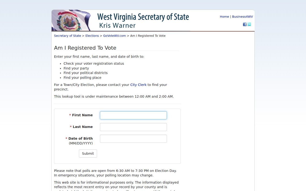 Cabell County resident lookup using the West Virginia voter form
