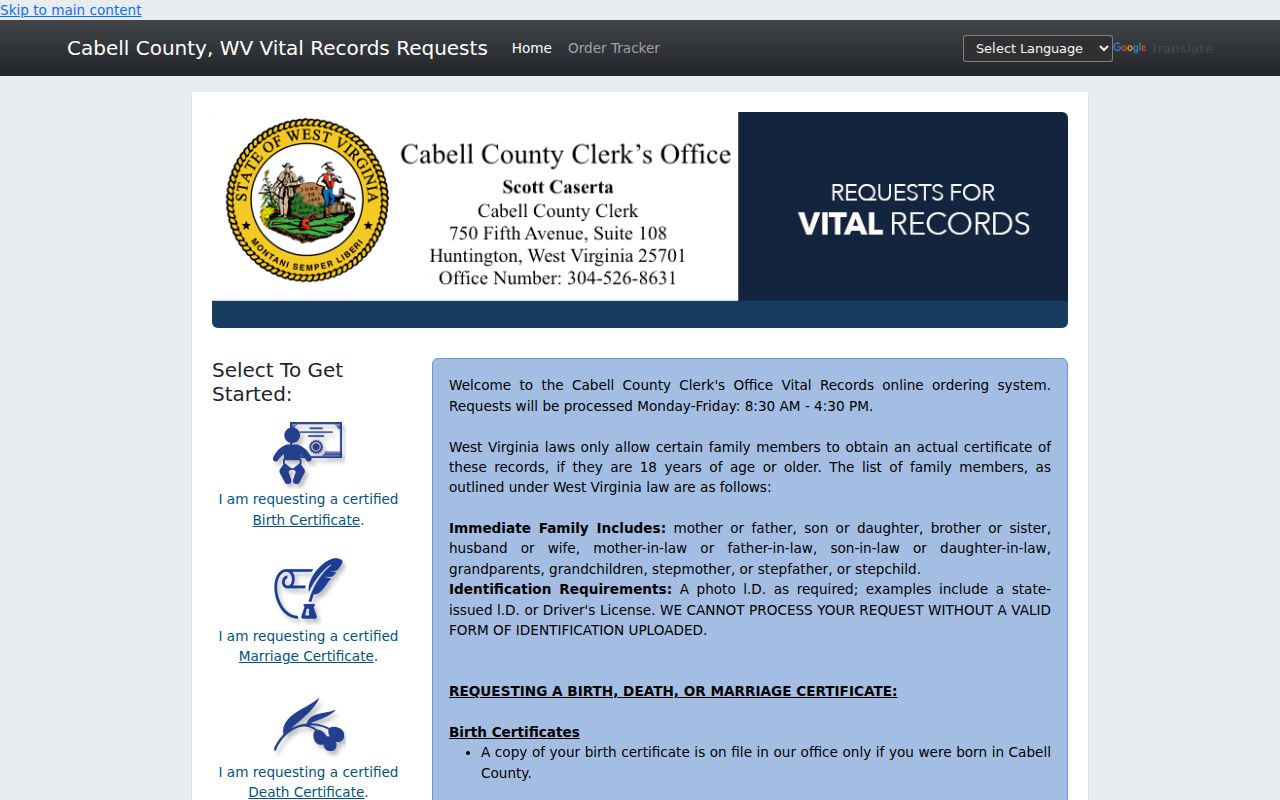 Cabell County resident lookup through the certified vital record order portal