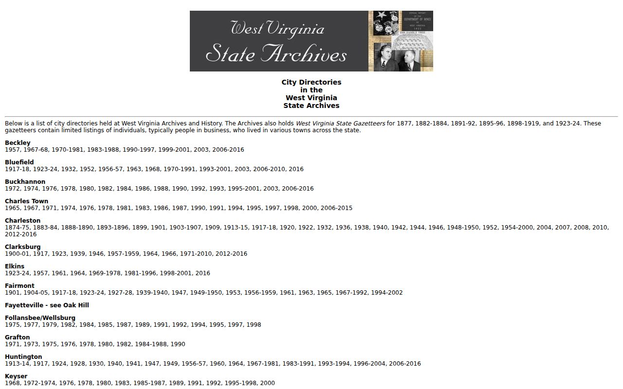 West Virginia Archives listing of Huntington historical city directory years